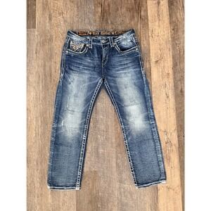 Rock Revival Boulder Straight Mens Jeans Size 34 Blue Distressed EP2400J203S